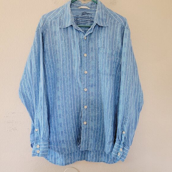 Tommy Bahama Linen Stripe Lobster Crab Print Blue Long Sleeve Shirt Size Large - Picture 1 of 5